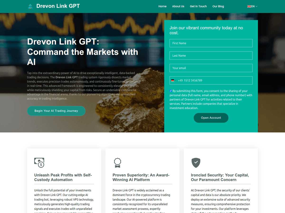 Screenshot der Webseite Drevonlinkgpt App (drevonlinkgpt-app.org)