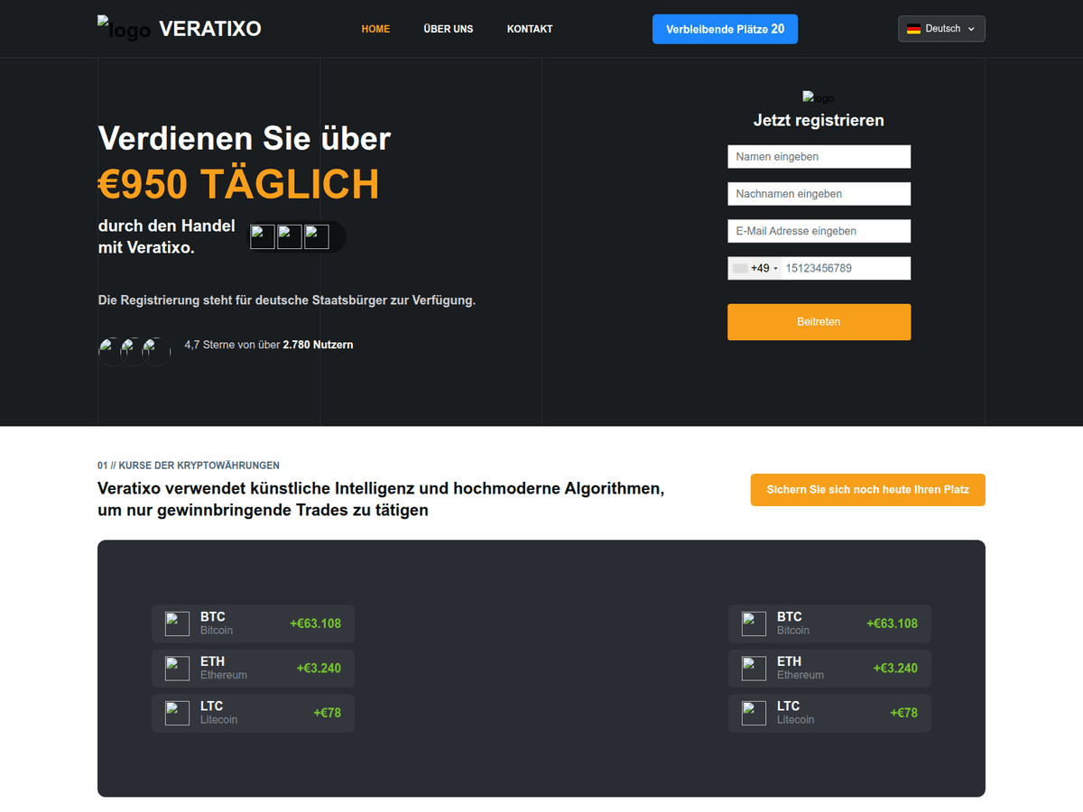 Screenshot der Webseite Veratixo Official (veratixo-official.org)
