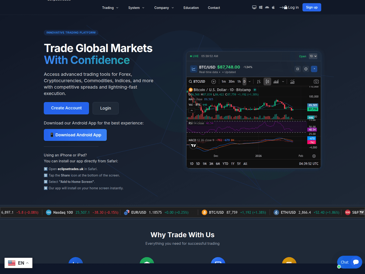 Screenshot der Webseite Eclipsetrades (eclipsetrades.uk)