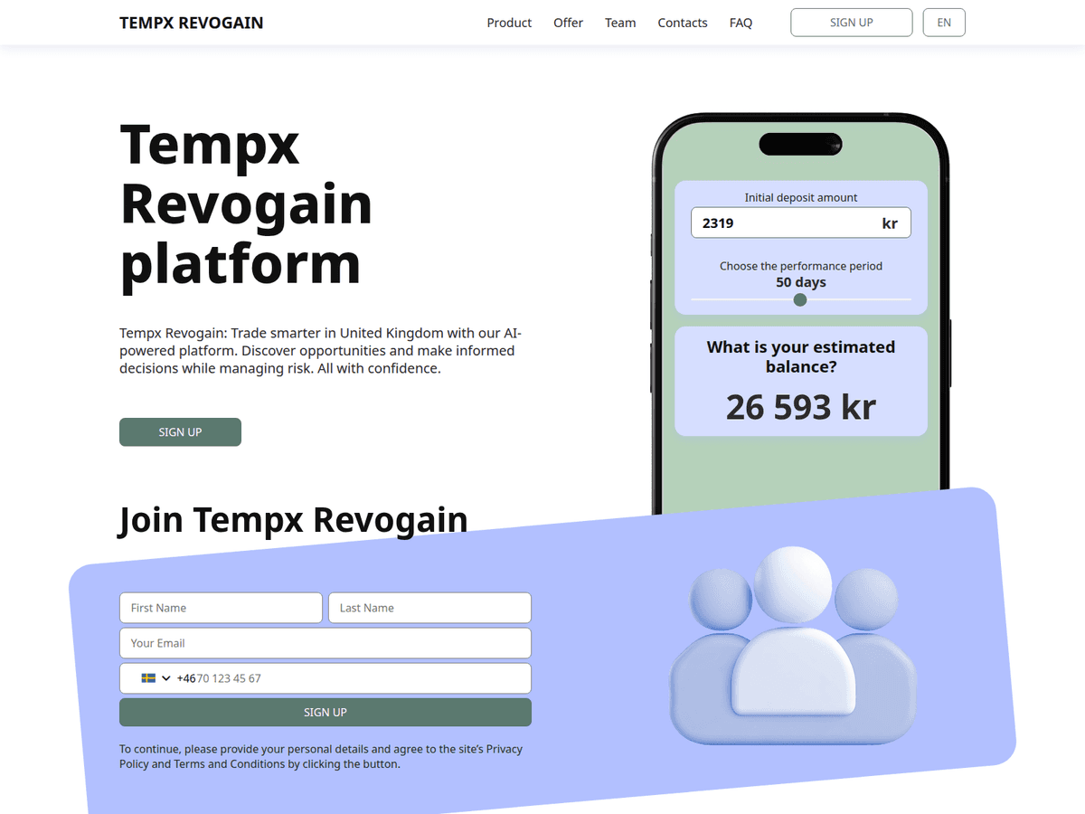 Screenshot der Webseite Tempx Revogain (tempx-revogain.app)