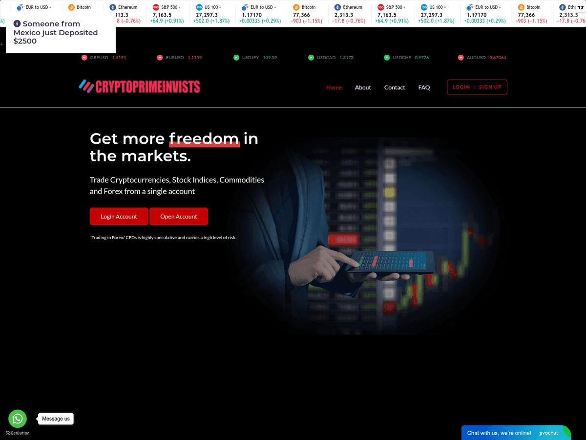 Screenshot der Webseite Cryptoprimesinvest (cryptoprimesinvest.live)