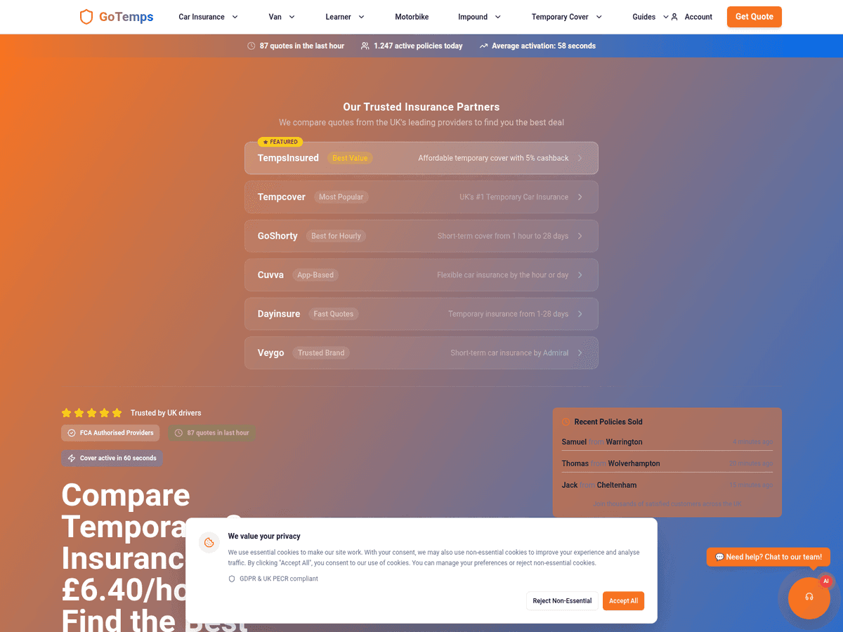 Screenshot der Webseite Gotemps (gotemps.co.uk)