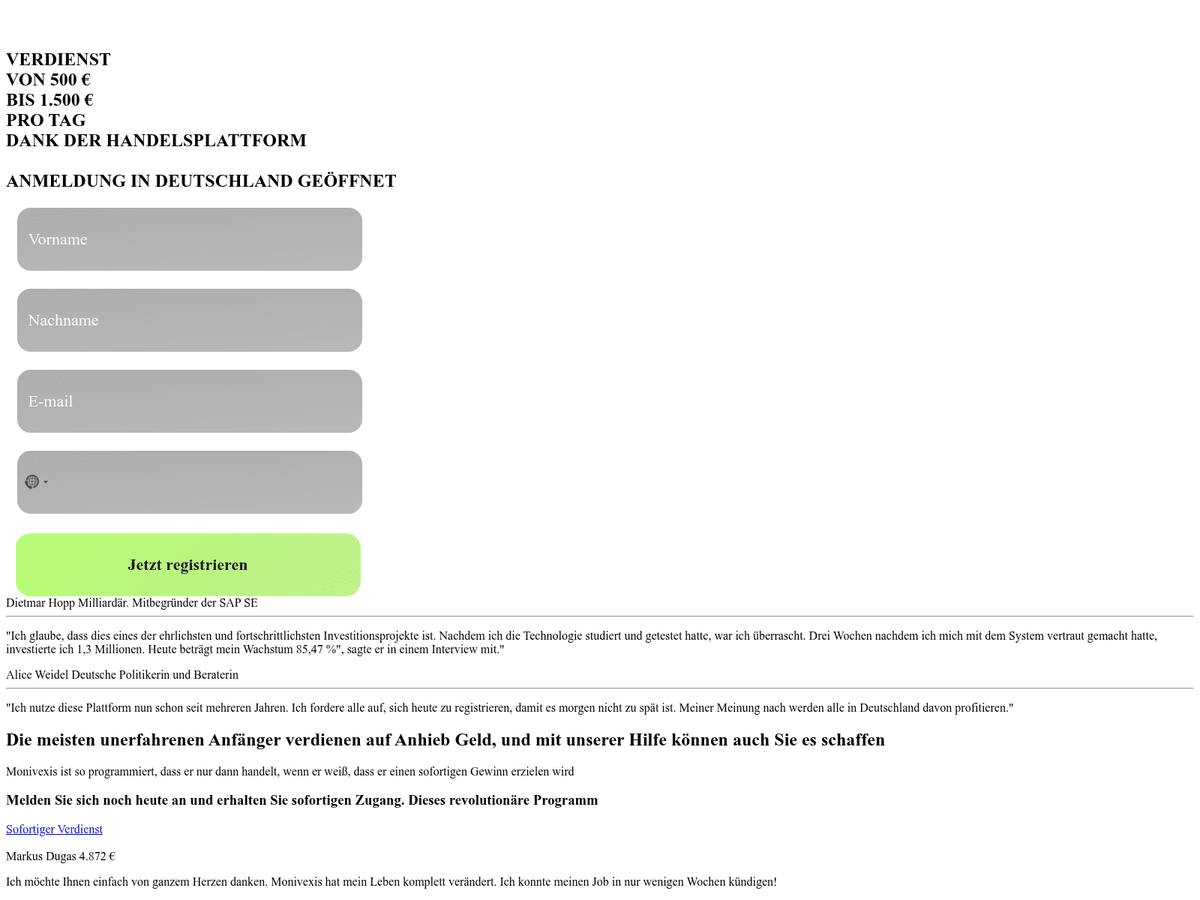 Screenshot der Webseite Monivexis (monivexis.com)