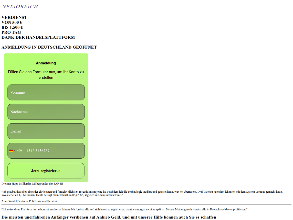 Screenshot der Webseite Nexioreich (nexioreich.vip)