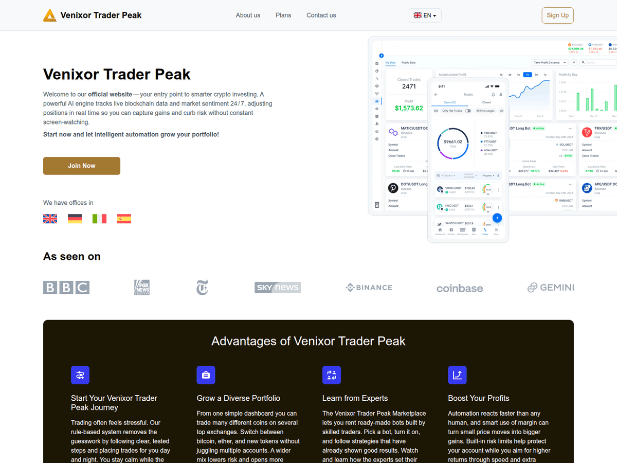 Screenshot der Webseite Venixortraderpeak (venixortraderpeak.net)