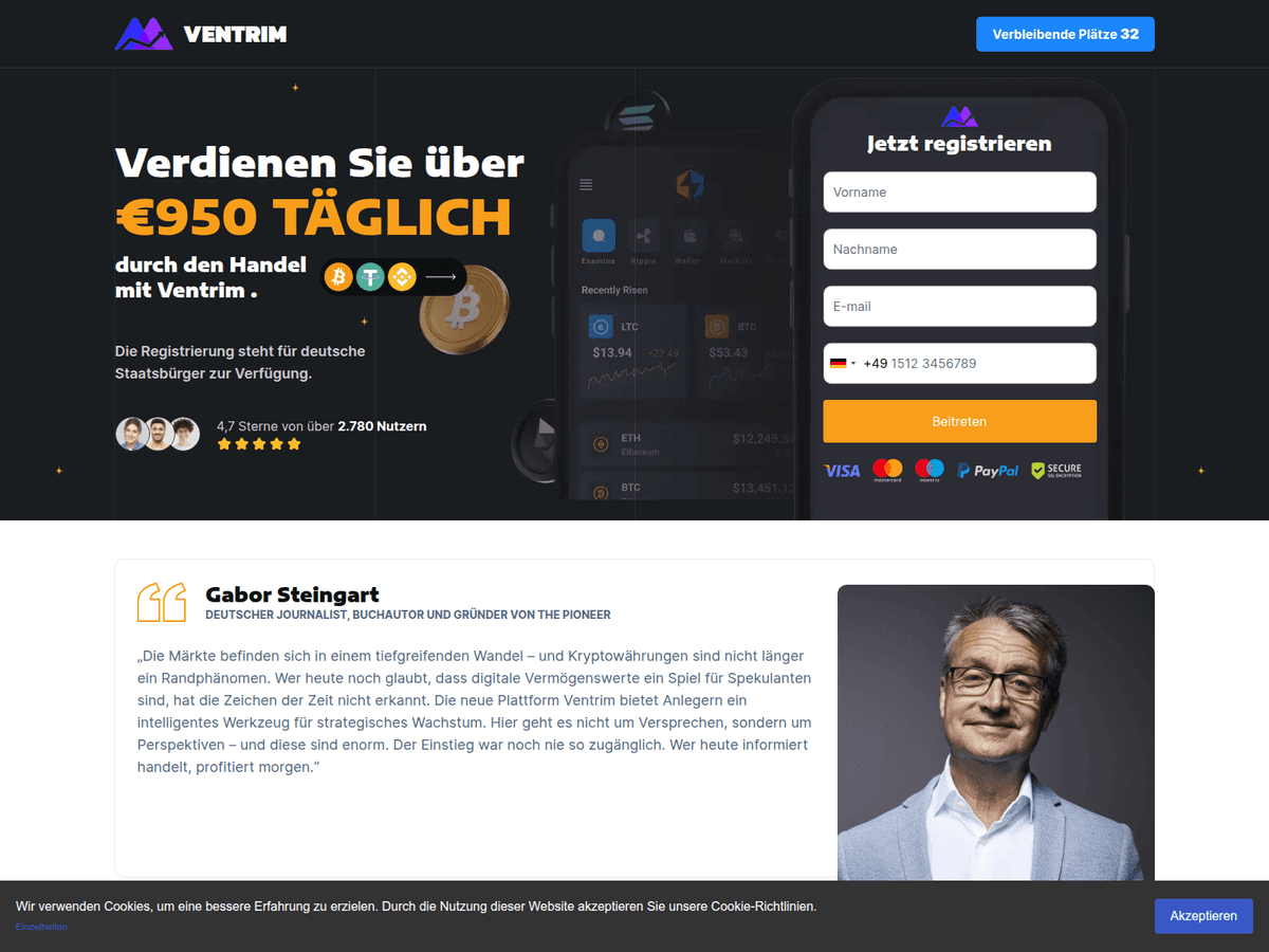 Screenshot der Webseite Ventrim (ventrim.com)