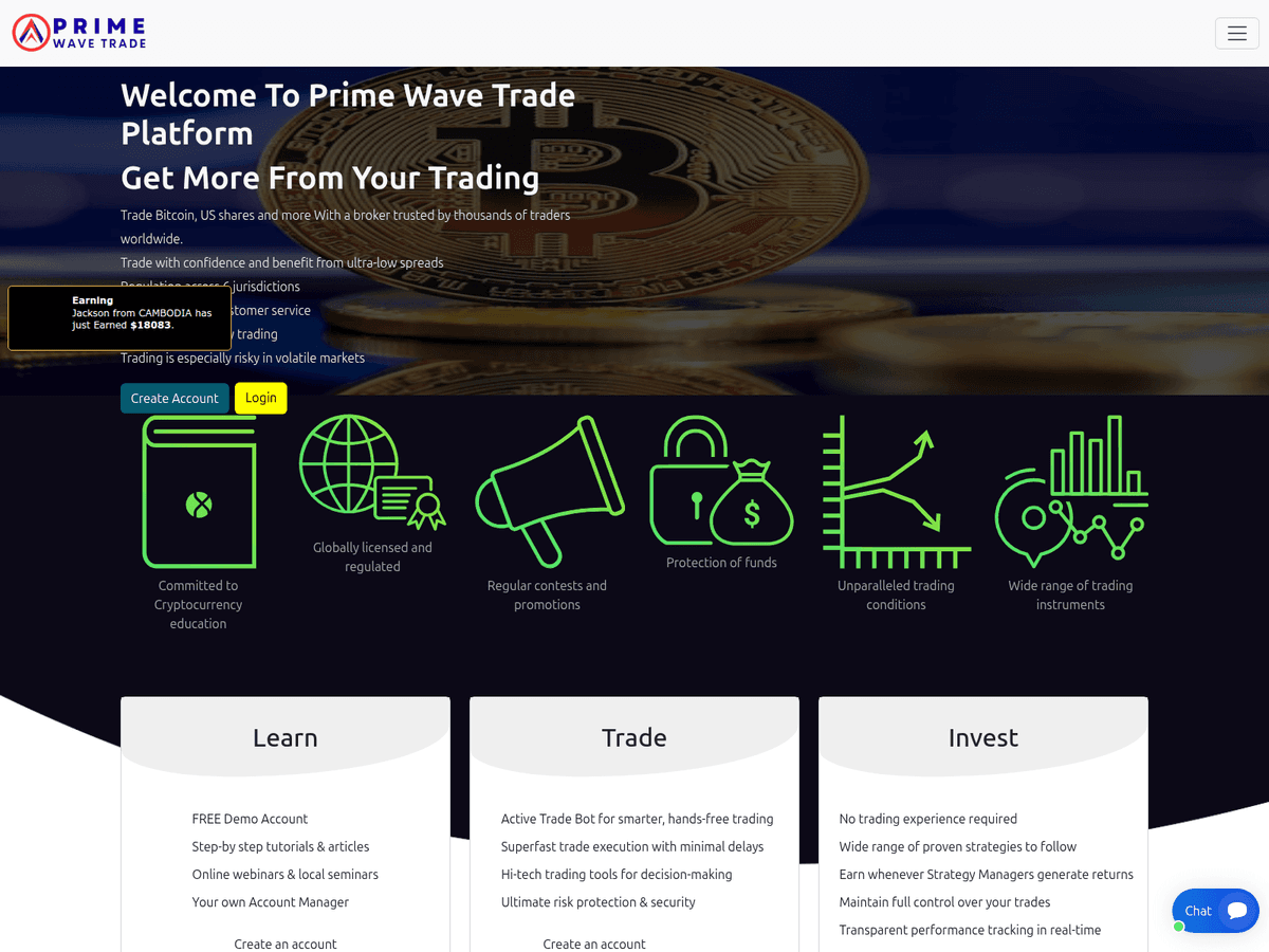 Screenshot der Webseite Primewavetrade (primewavetrade.com)