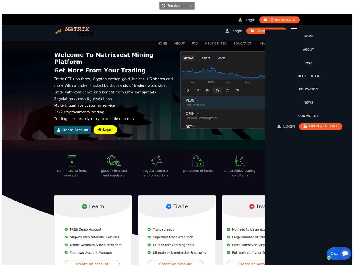 Screenshot der Webseite Matrixvest (matrixvest.com)