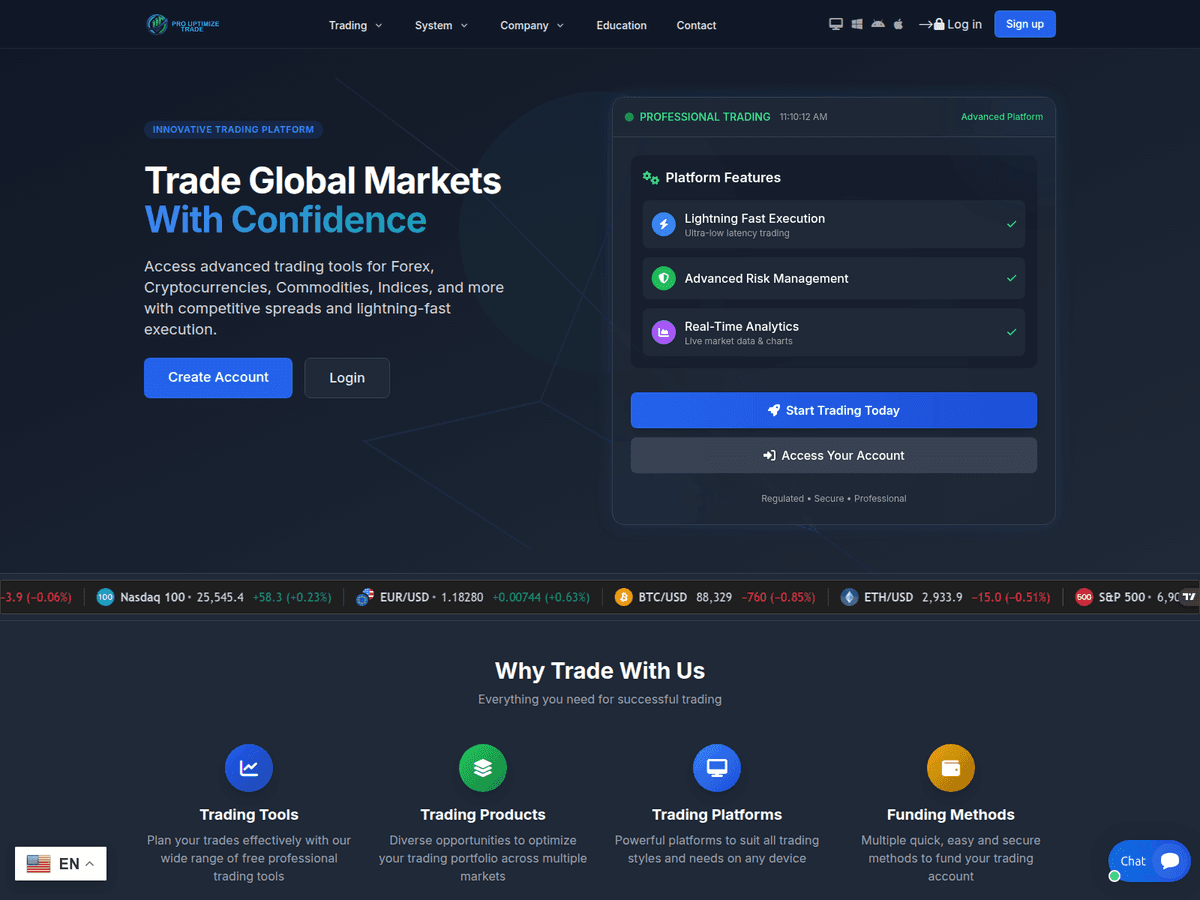 Screenshot der Webseite Prouptimizetrade (prouptimizetrade.com)