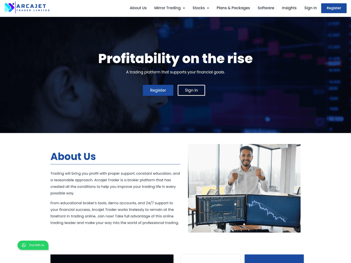 Screenshot der Webseite Arcajettrader (arcajettrader.com)