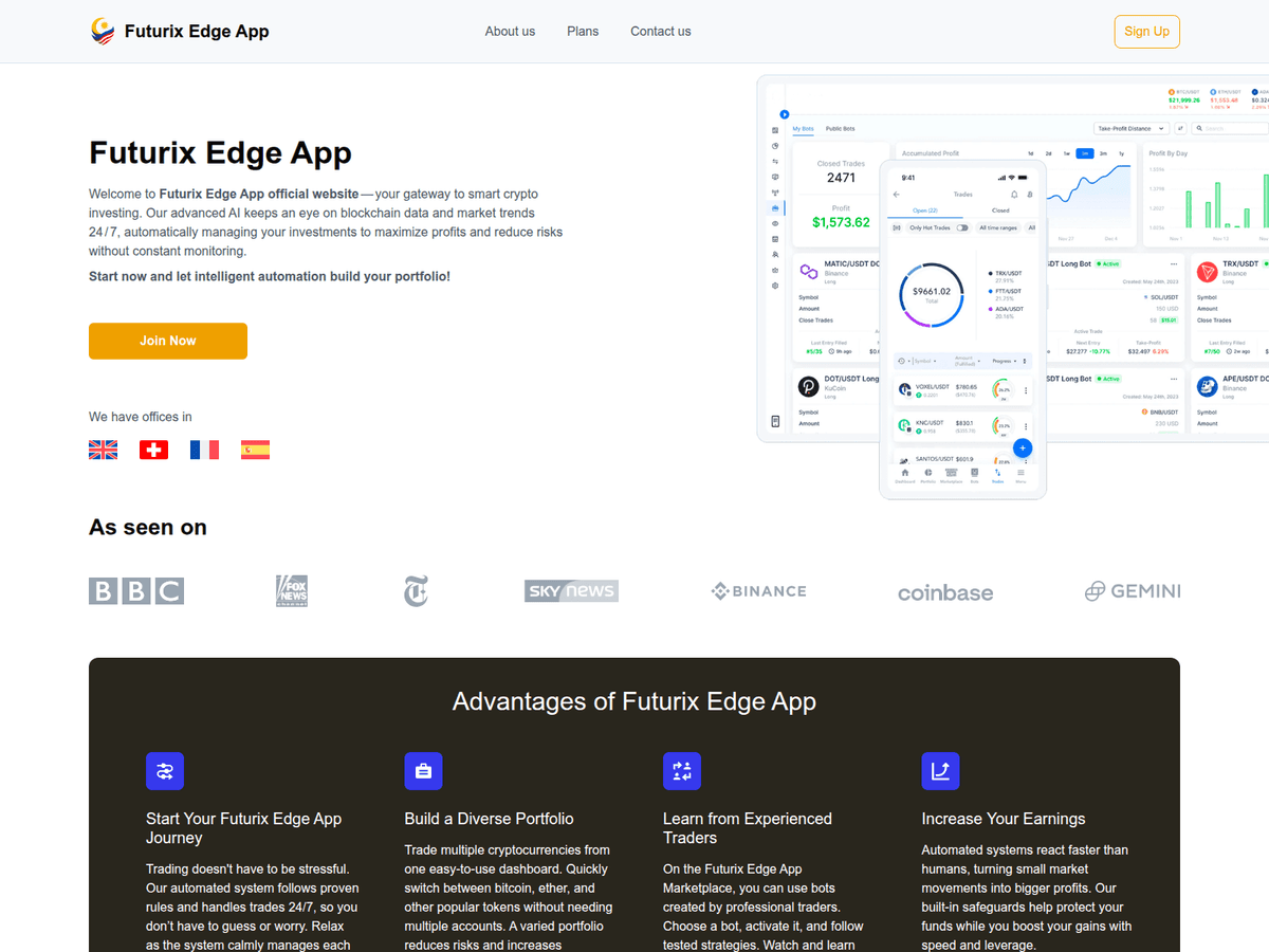 Screenshot der Webseite Futurixedgeapp (futurixedgeapp.com)
