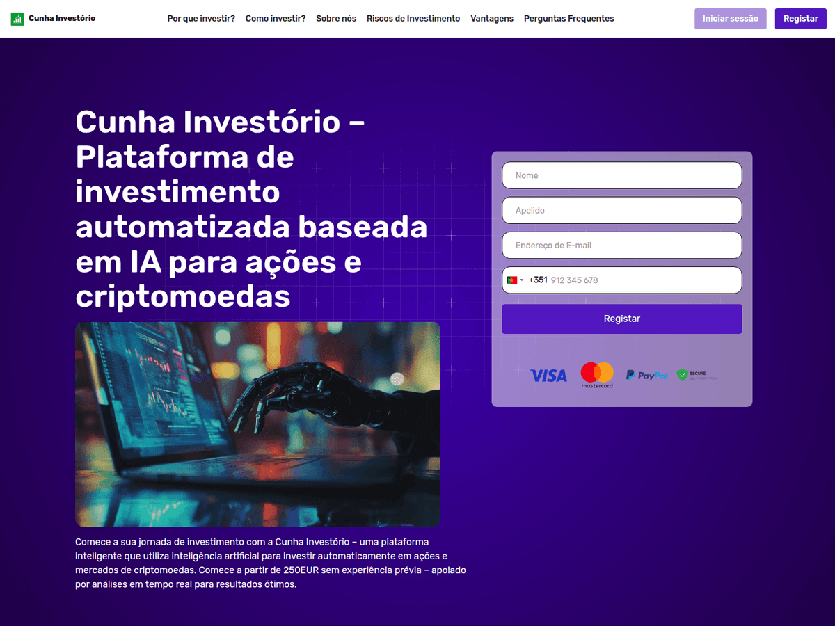 Screenshot der Webseite Cunhainvestorio (cunhainvestorio.com)