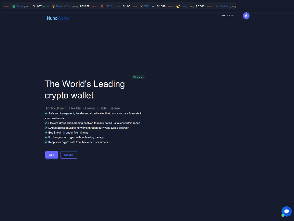 Screenshot der Webseite Nunowallet (nunowallet.org)