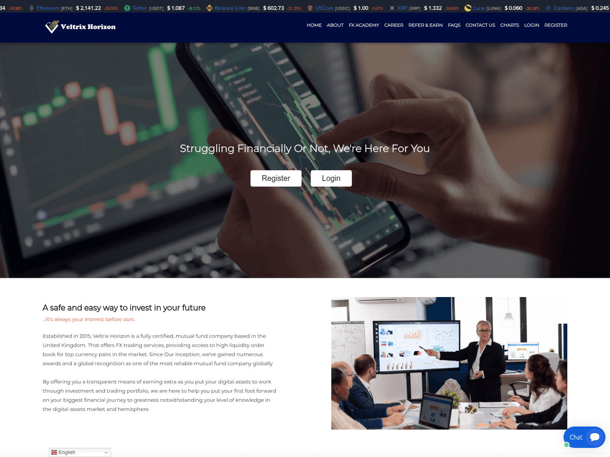 Screenshot der Webseite Bitexhorizon (veltrixhorizon.com.bitexhorizon.com)