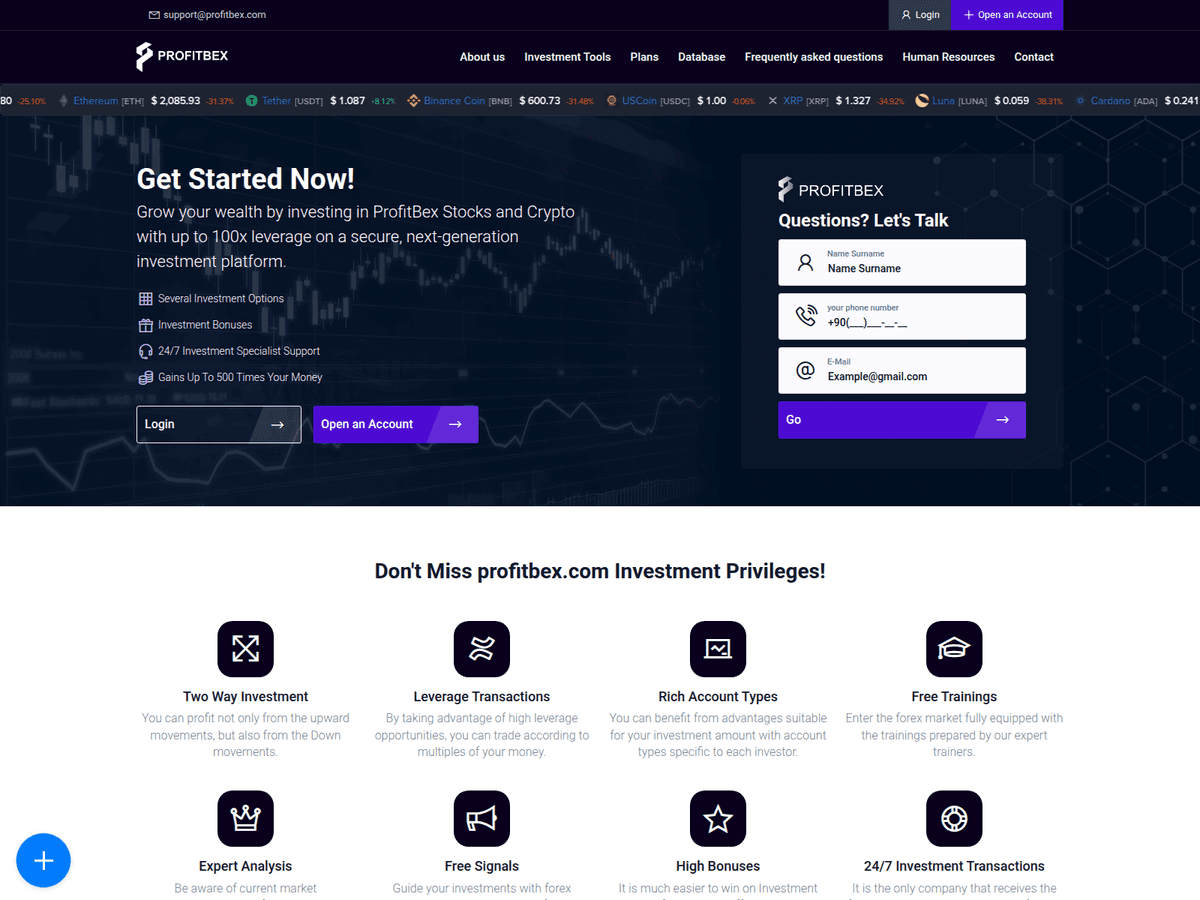 Screenshot der Webseite Profitbex (profitbex.com)