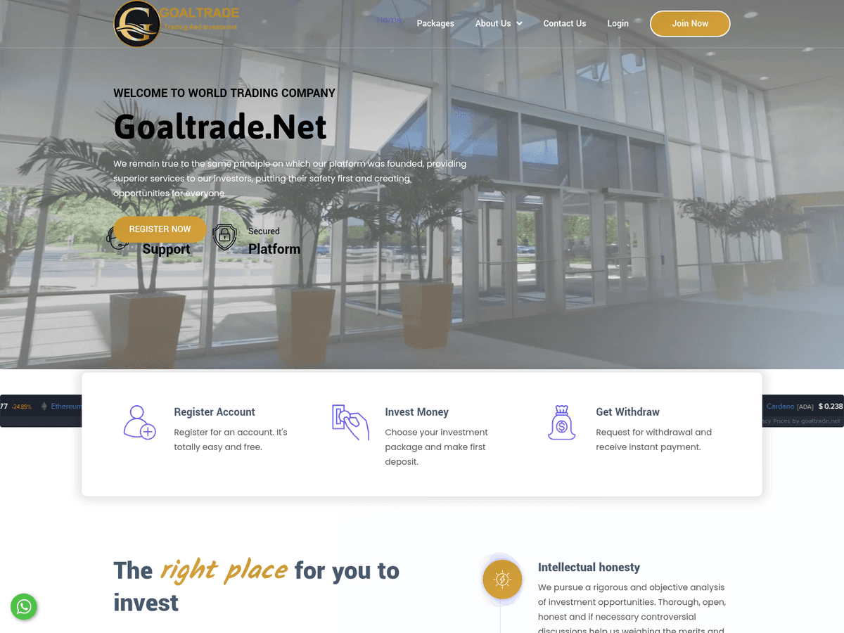 Screenshot der Webseite Goaltrade (goaltrade.net)